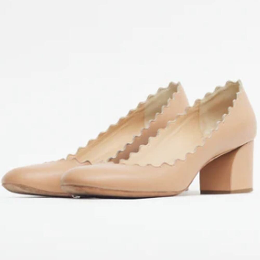 CHLOE Beige Leather Laurena Scalloped Pumps Women's Size 37.5 Block Heel